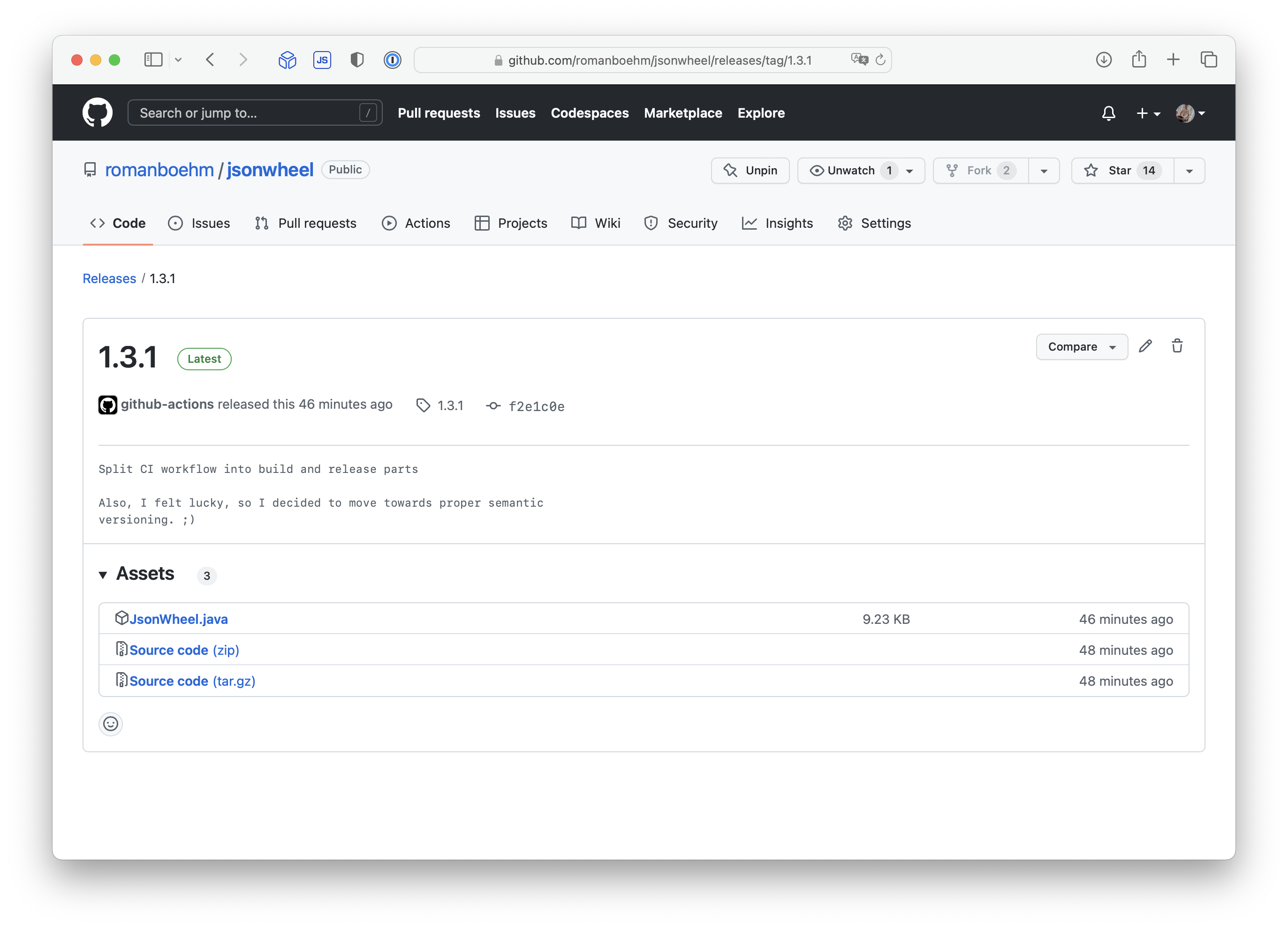 GitHub’s release page for JSON Wheel showing release 1.3.1