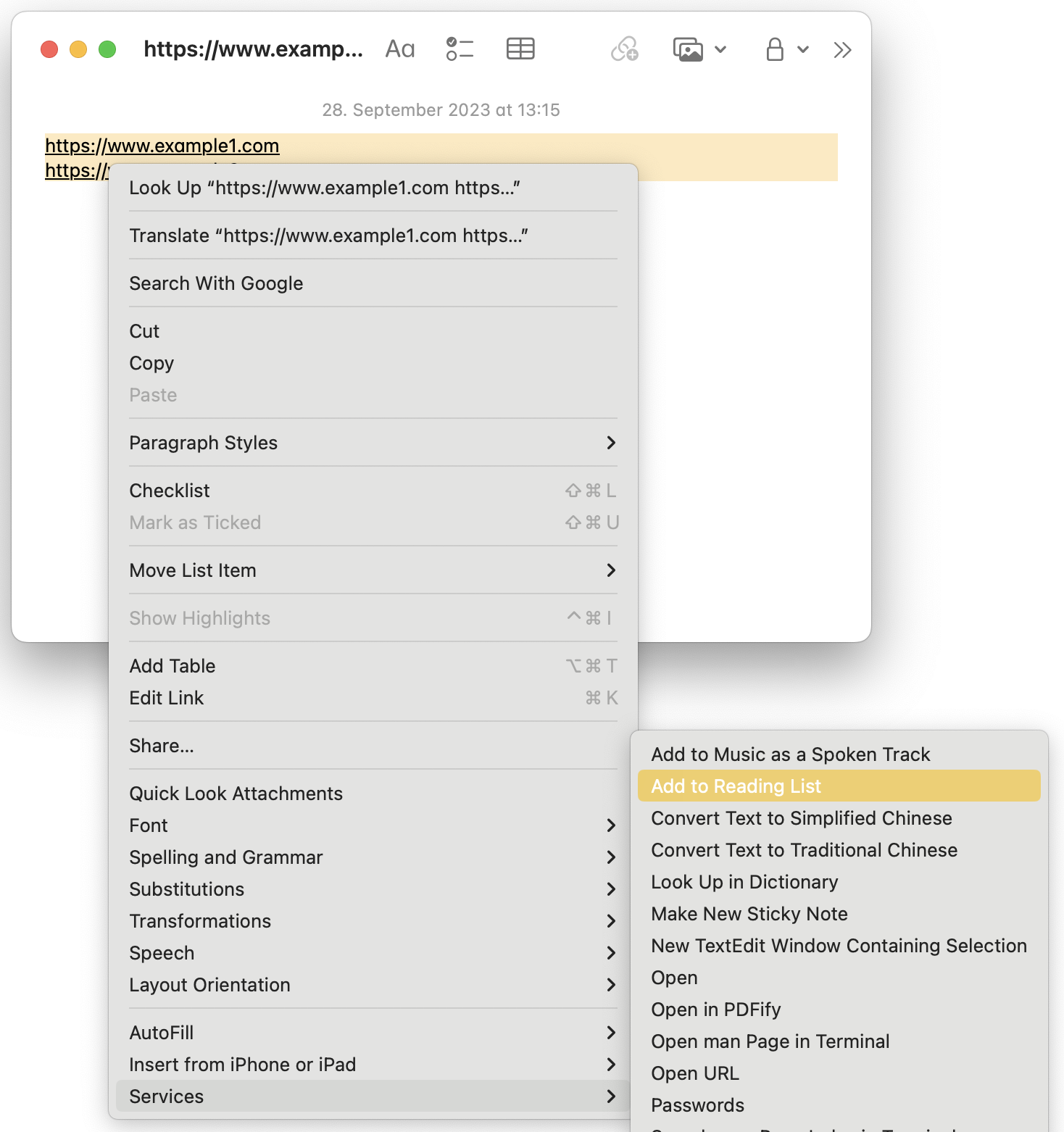 Screenshot showing a bulk export of links from MacOS Notes to Safari’s Reading List
