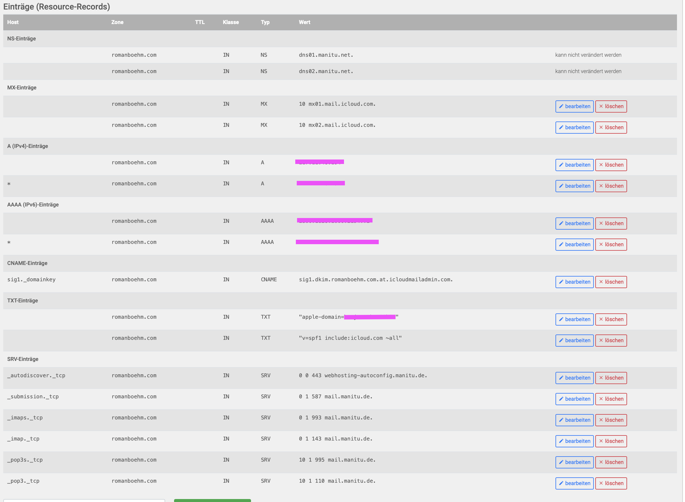 Manitu DNS records page after having gone through the above reconfiguration steps