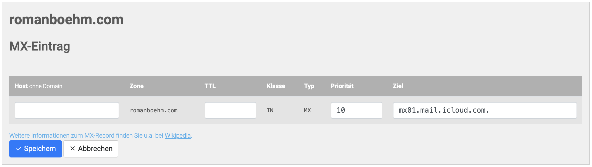 Example DNS record with the Host part being left blank