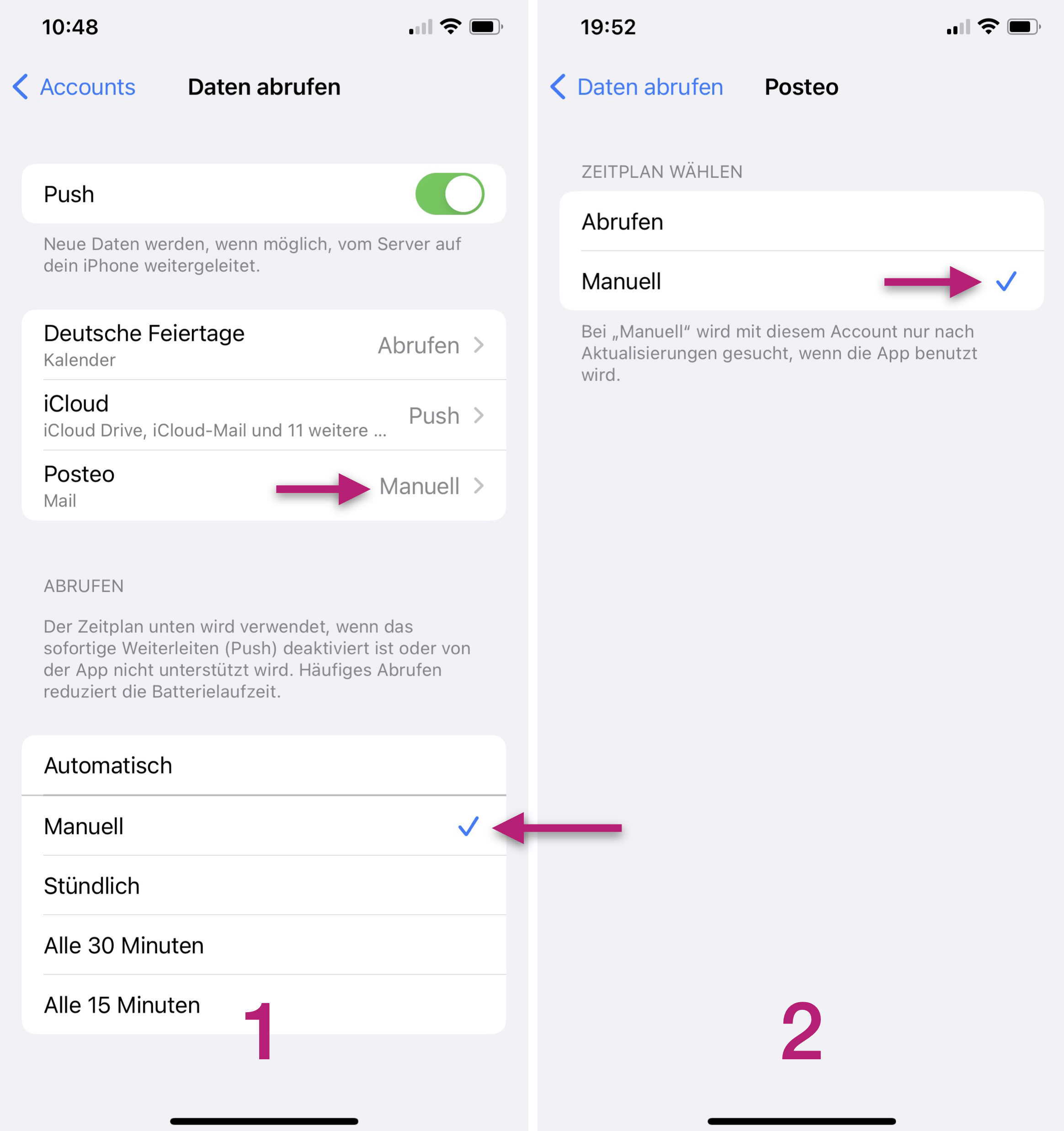 iOS Screenshots 1 and 2 showing how to setup fetch settings for the dummy POP3 server