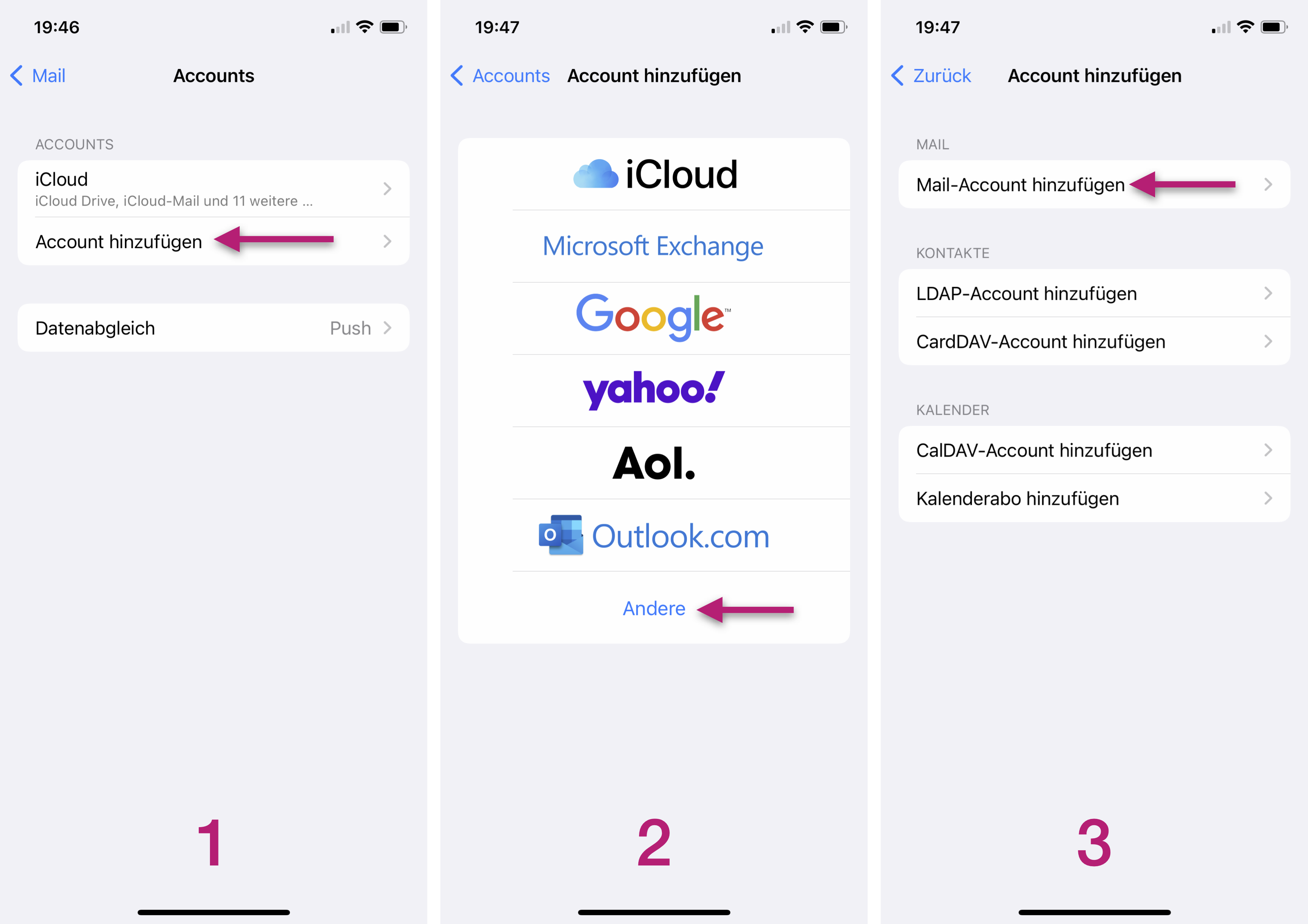 iOS Screenshots 1-3 showing how to add your third party account to Apple’s Mail app on iOS