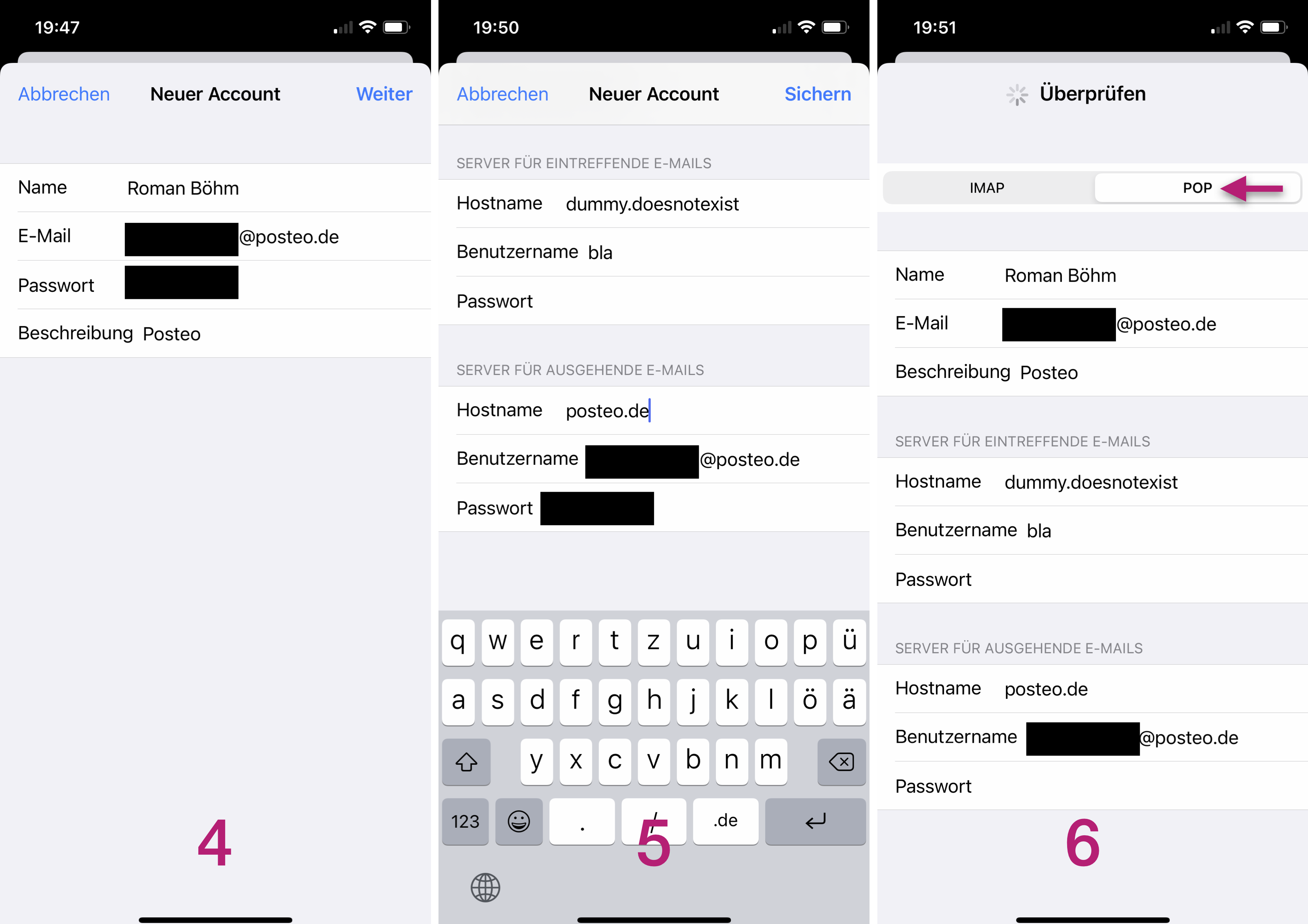 iOS Screenshots 4-6 showing how to add your third party account to Apple’s Mail app on iOS