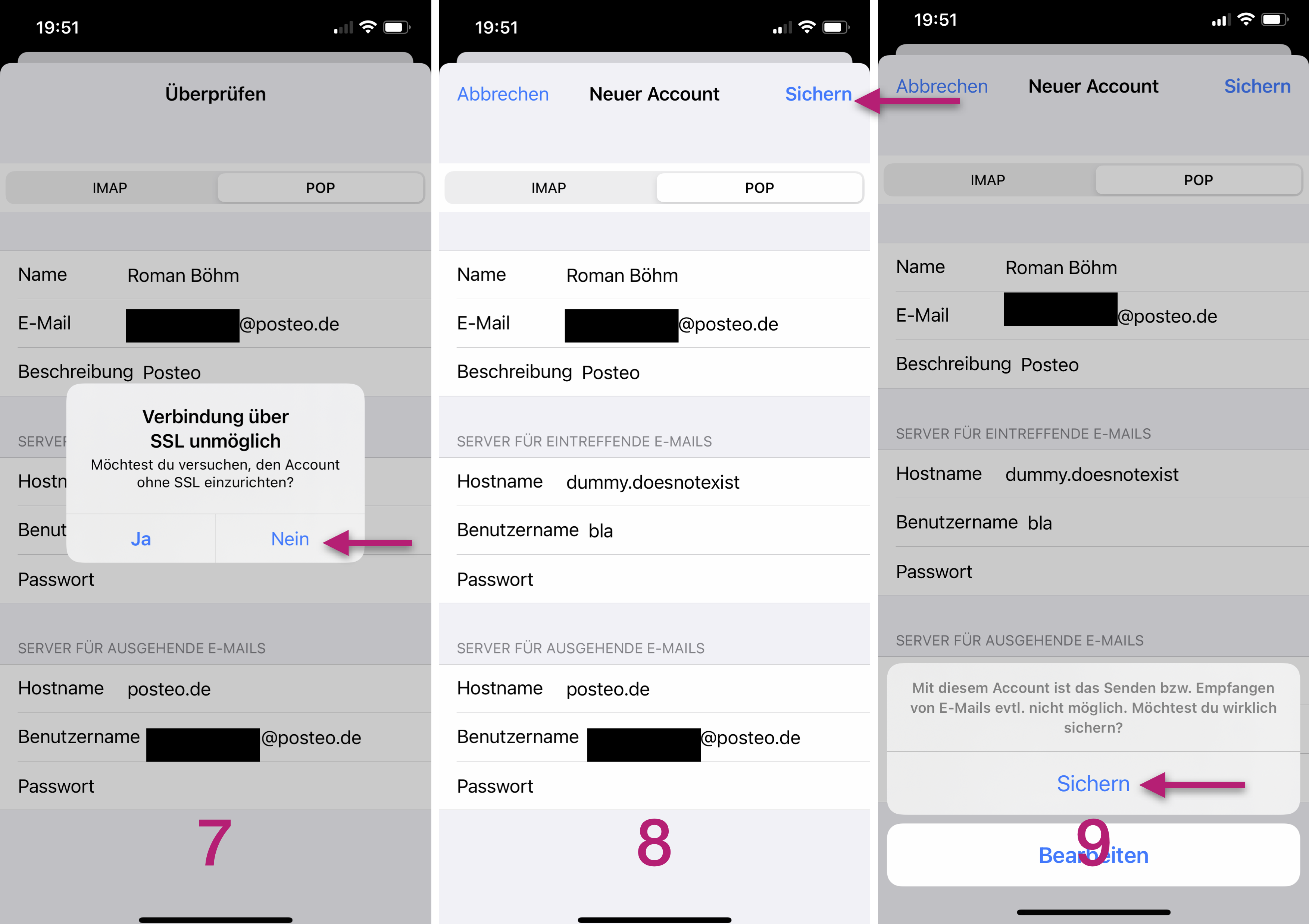 iOS Screenshots 7-9 showing how to add your third party account to Apple’s Mail app on iOS